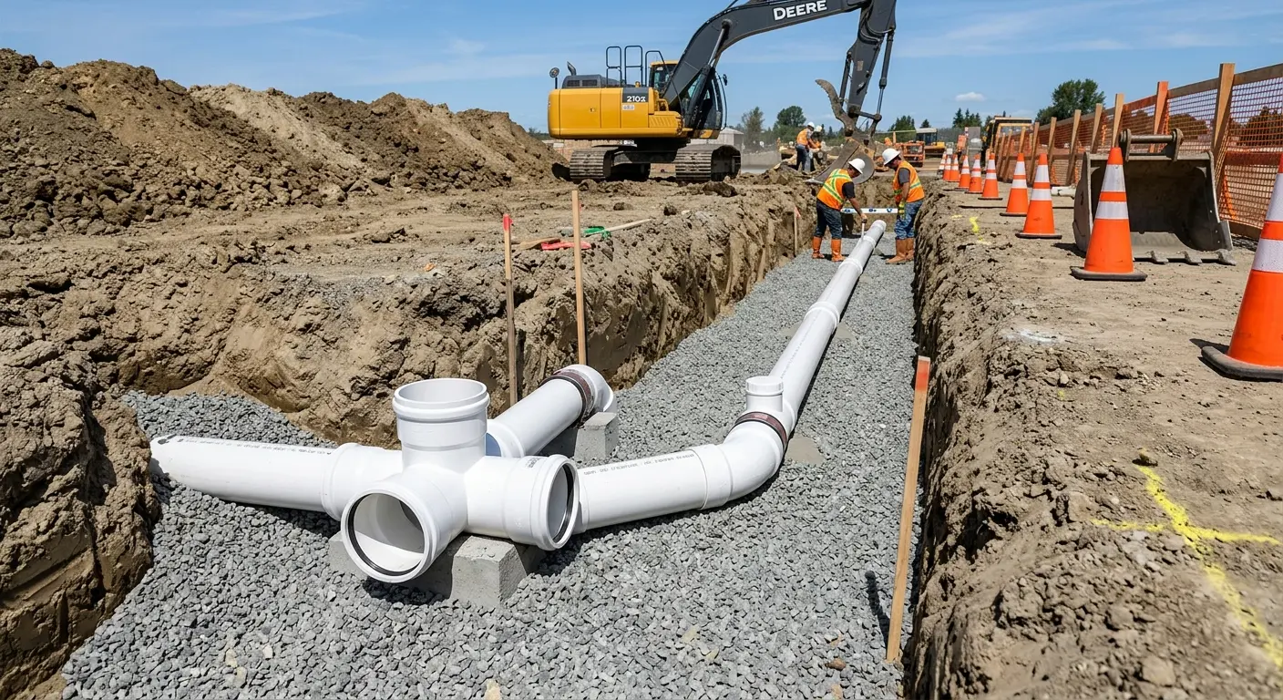 New PVC sewer pipe installation in open trench for Sewer Backup in Neosho