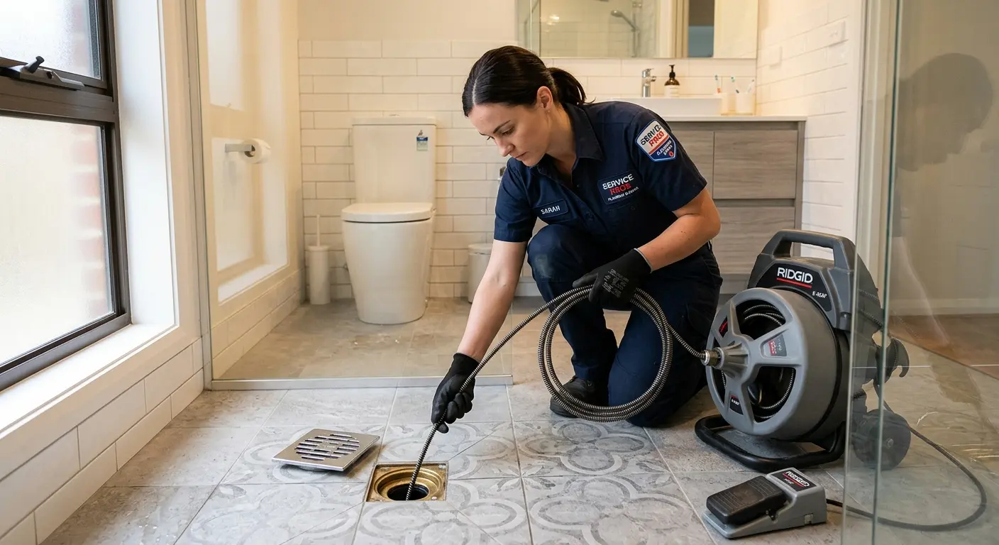 Technician clearing a bathroom floor drain for Sewer Line Replacement in Neosho
